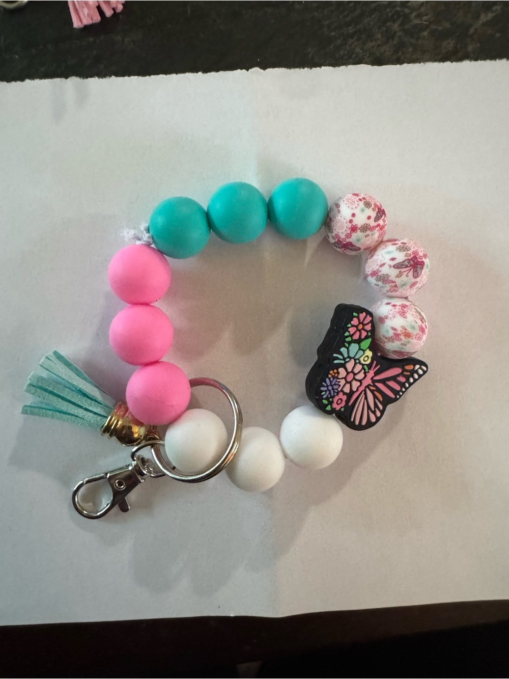 Kids Butterfly Bead Key Ring - Pink, Teal & White